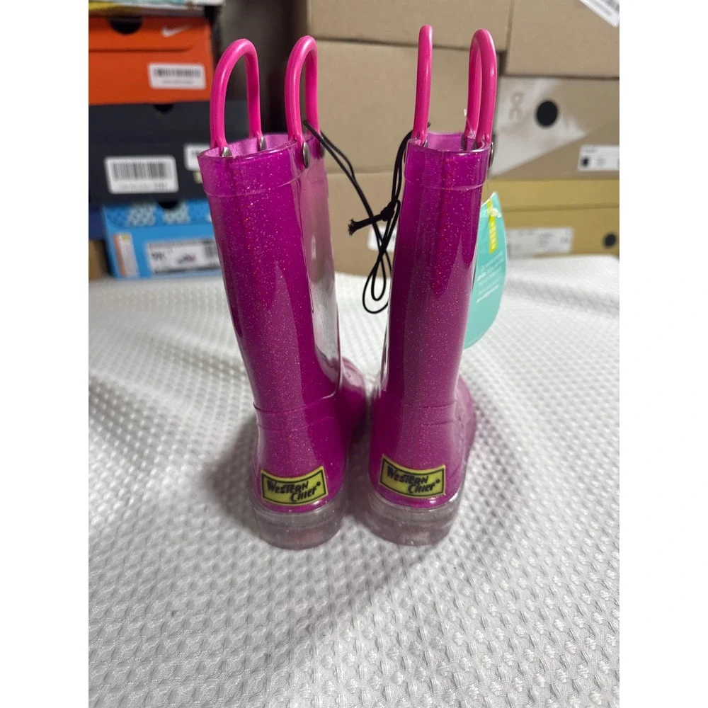 Western Chief Rain Boots Kids 7/8 Lighted Solid Pink Glitter NWOB